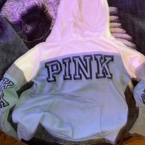 pink brand pullover, blue